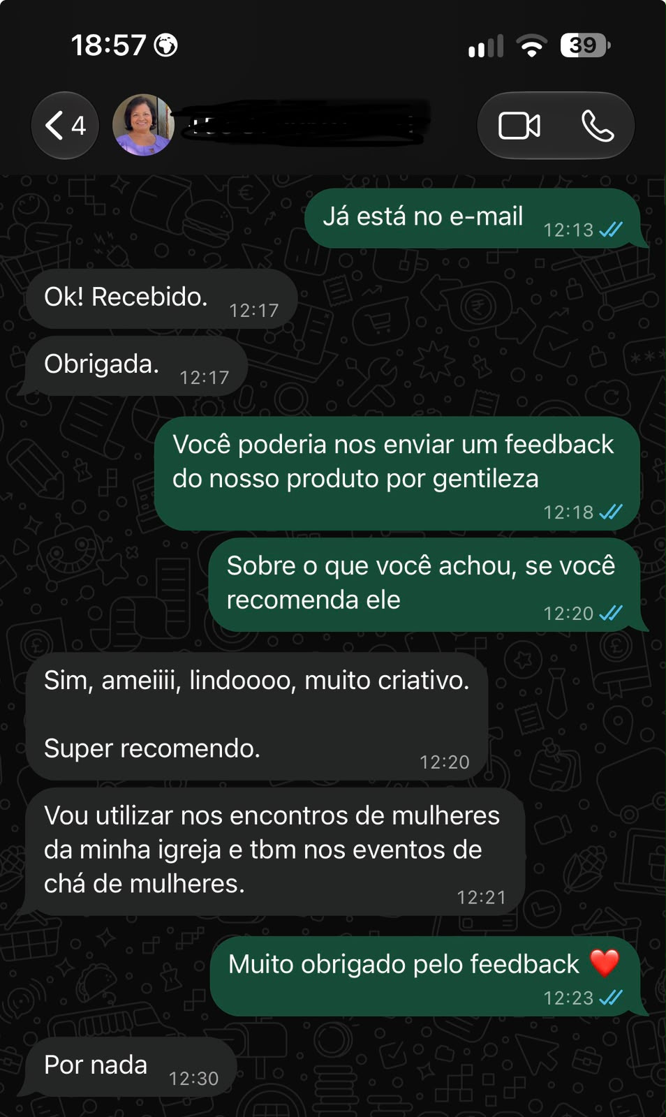 Conversa com o feedback de uma cliente sobre os Curativos de Fé